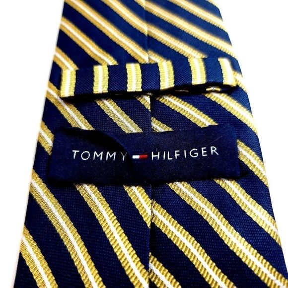 Tommy Hilfiger Blue Gold Striped Woven Silk Tie - Picture 3 of 6